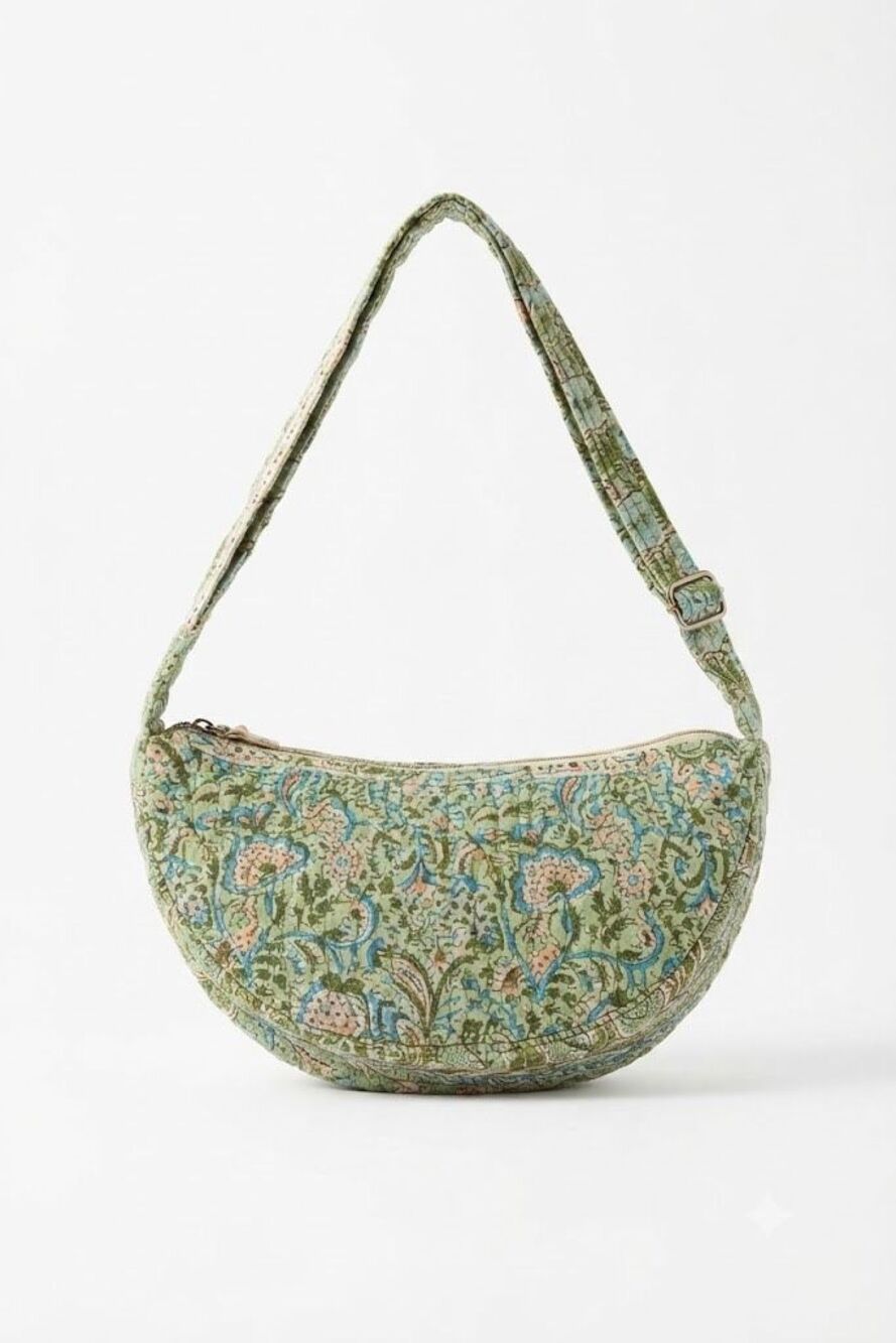 #280. POL Pistachio/Blue Boho Artisan Quilted Crescent Boat Crossbody Bag